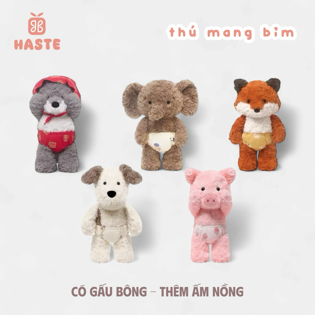 Gấu Thú Bông Puppy Cún Voi Heo Sói Khăn Đỏ Cáo Xấu Hổ Mang Bỉm Tã Quà Tặng Độc Đáo Lông Xù Siêu Mềm Mịn Siêu Dễ Thươấu