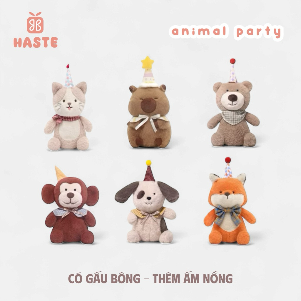 Gấu Thú Bông Cáo Gấu Khỉ Capybara Cún Teddy Party Đội Nón Sinh Nhật Quà Tặng Độc Đáo Lông Xù Siêu Mềm Mịn Siêu Dễ Thương