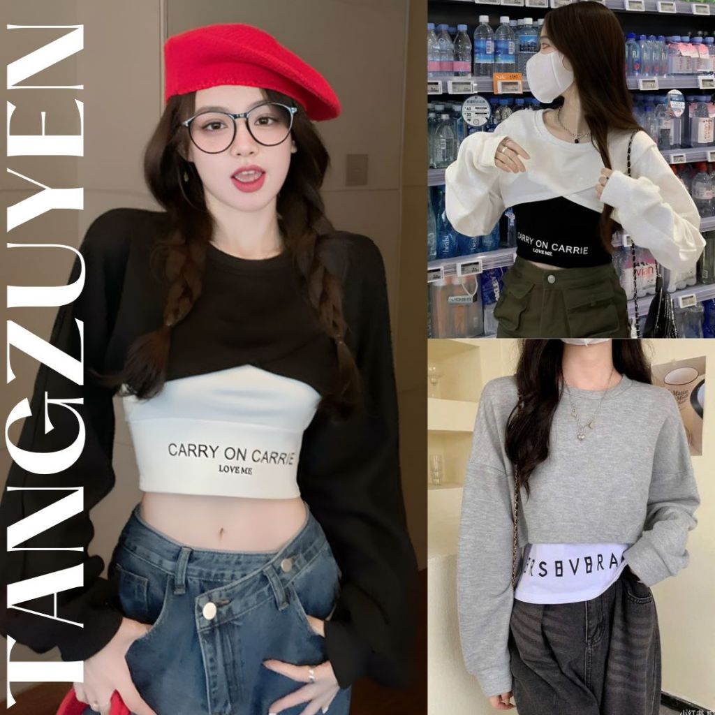 Bộ áo khoác ngoài dáng ngắn áo trong Set áo thun croptop cổ tròn dài tay vạt chéo +  áo 2 dây ôm body chữ Carry T593G