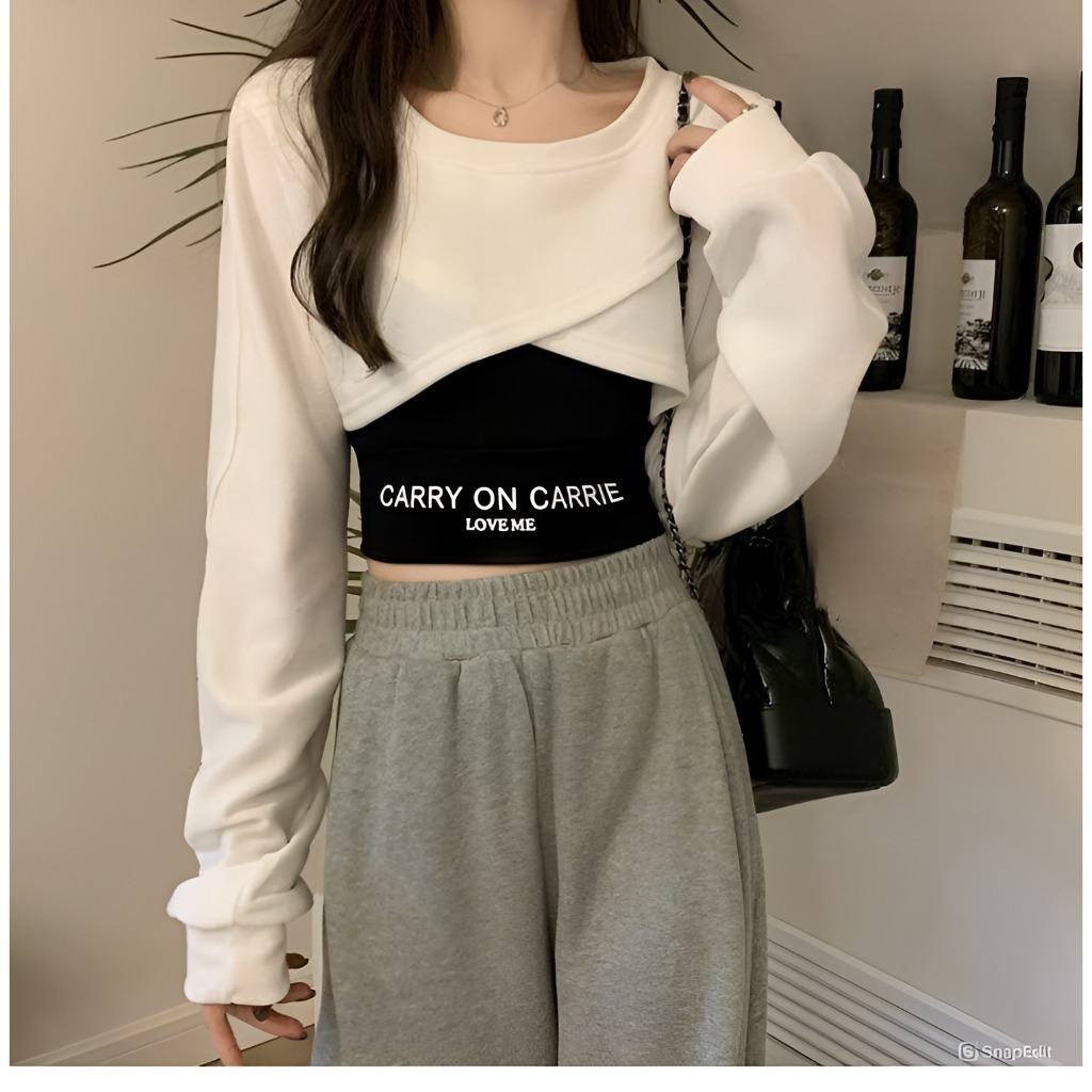 Bộ áo khoác ngoài dáng ngắn áo trong Set áo thun croptop cổ tròn dài tay vạt chéo +  áo 2 dây ôm body chữ Carry T593G