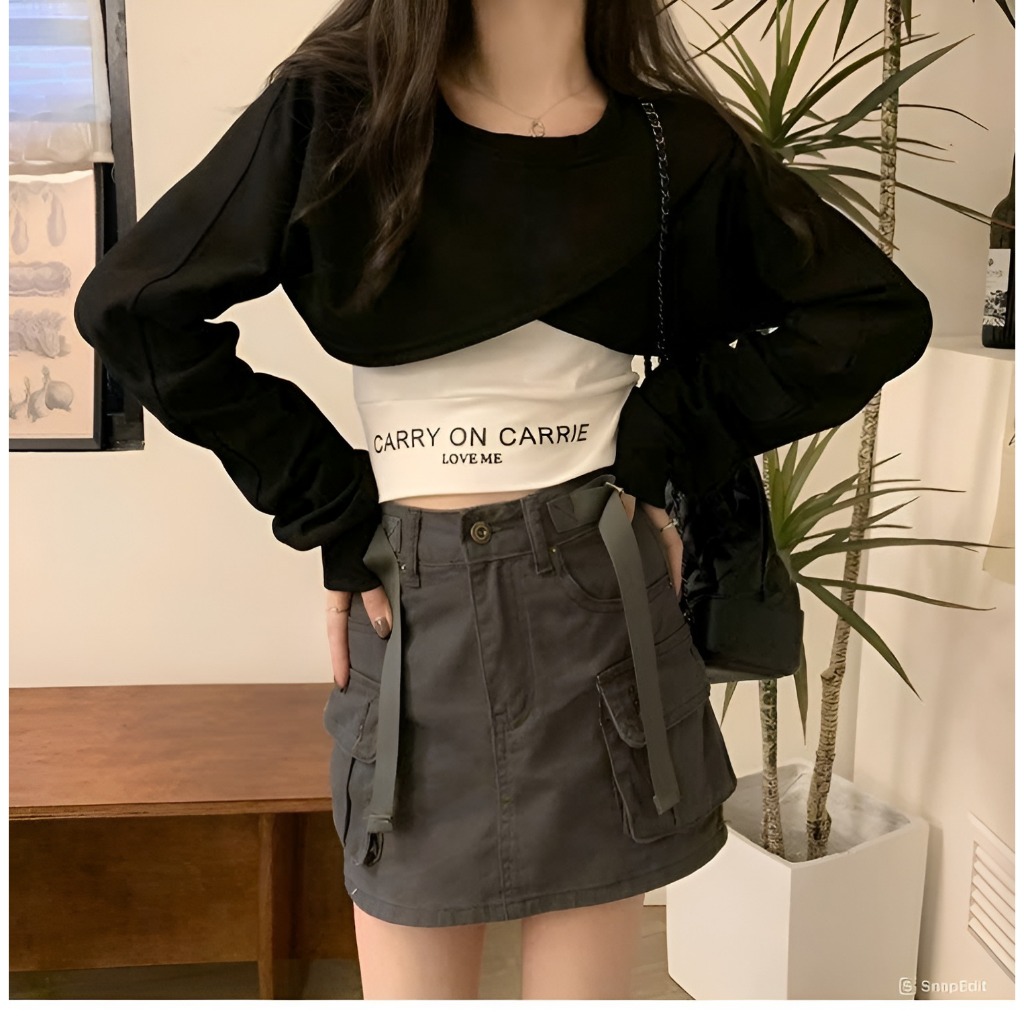 Bộ áo khoác ngoài dáng ngắn áo trong Set áo thun croptop cổ tròn dài tay vạt chéo +  áo 2 dây ôm body chữ Carry T593G