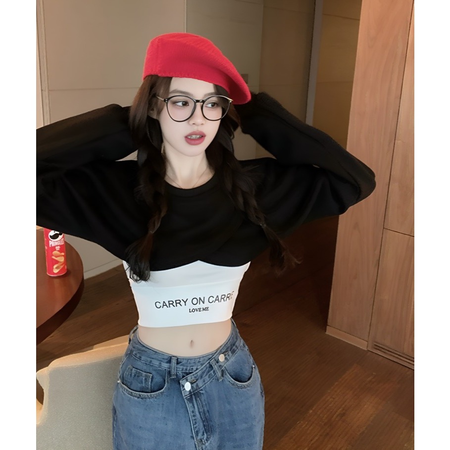 Bộ áo khoác ngoài dáng ngắn áo trong Set áo thun croptop cổ tròn dài tay vạt chéo +  áo 2 dây ôm body chữ Carry T593G