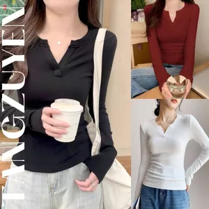 Áo phông không cổ Áo thun nữ cổ xẻ V dài tay dáng ôm slimfit nhiều màu basic đi học đi chơi cafe đơn giản trẻ T1056G