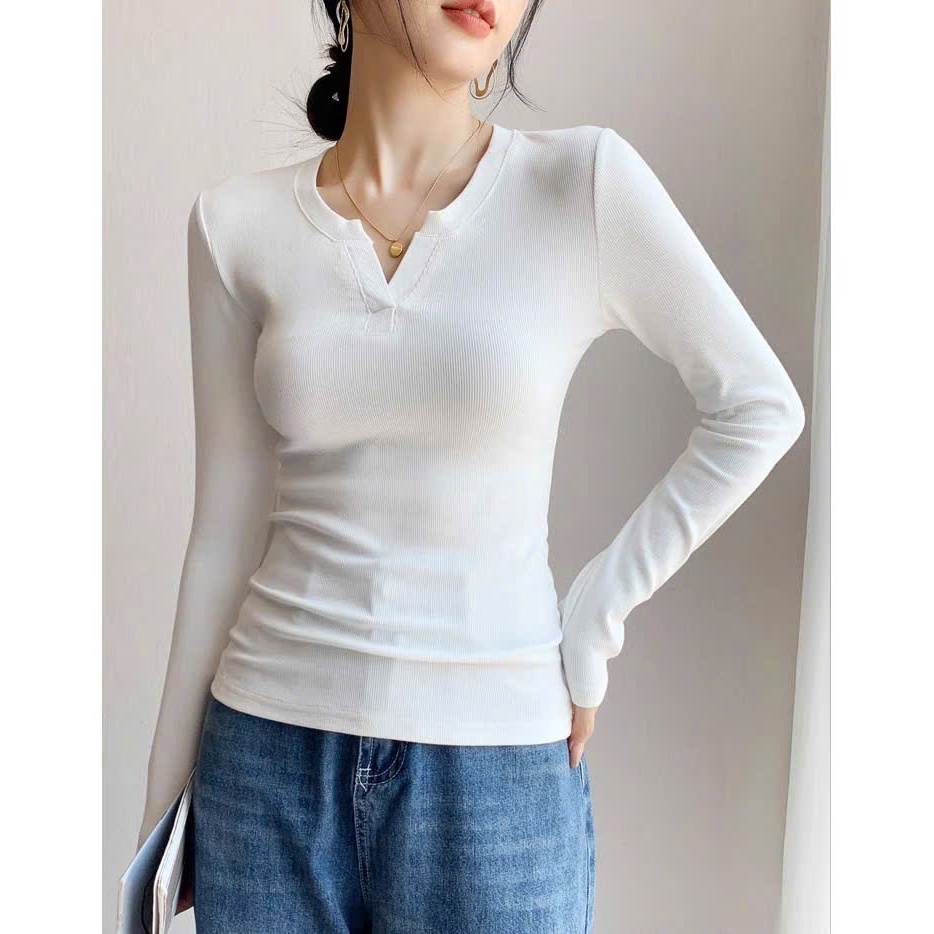 Áo phông không cổ Áo thun nữ cổ xẻ V dài tay dáng ôm slimfit nhiều màu basic đi học đi chơi cafe đơn giản trẻ T1056G
