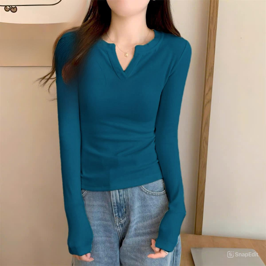 Áo phông không cổ Áo thun nữ cổ xẻ V dài tay dáng ôm slimfit nhiều màu basic đi học đi chơi cafe đơn giản trẻ T1056G