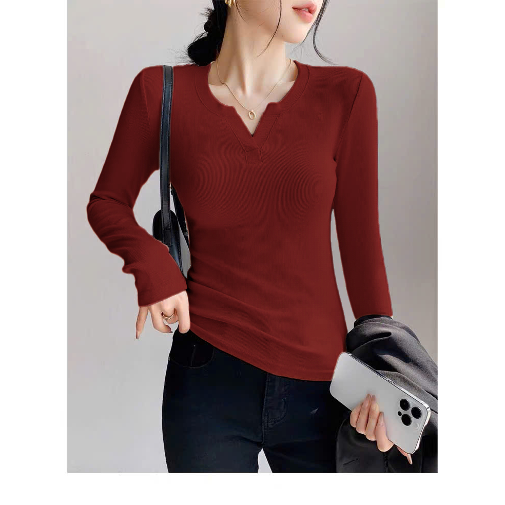 Áo phông không cổ Áo thun nữ cổ xẻ V dài tay dáng ôm slimfit nhiều màu basic đi học đi chơi cafe đơn giản trẻ T1056G