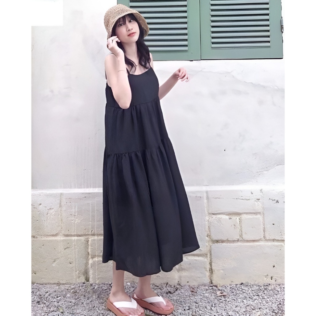 Đầm Váy 2 dây dài dáng rộng babydoll 3 tầng xòe  đi chơi đi biển xanh đen be bigsize oversize xinh trẻ trung cute T1259G