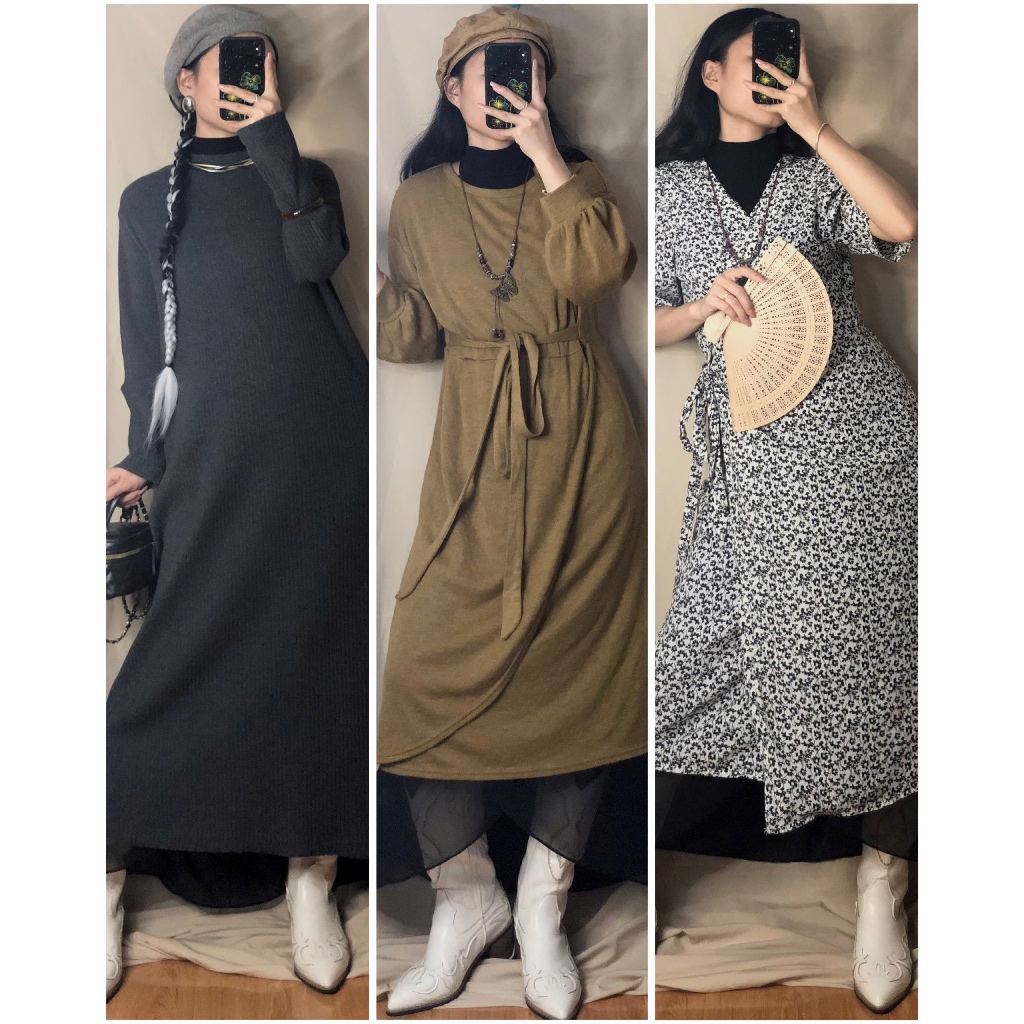 Set đầm váy vintage dáng dài ig: april6_clothing