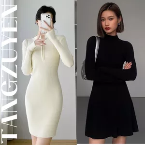 Váy thun ôm body đen ngắn cộc tay cổ cao 3p Đầm nữ tôn dáng cổ lọ tôn dáng basic đi chơi đi cafe T147G