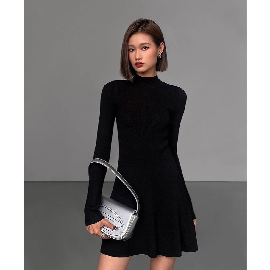 Váy thun ôm body đen ngắn cộc tay cổ cao 3p Đầm nữ tôn dáng cổ lọ tôn dáng basic đi chơi đi cafe T147G