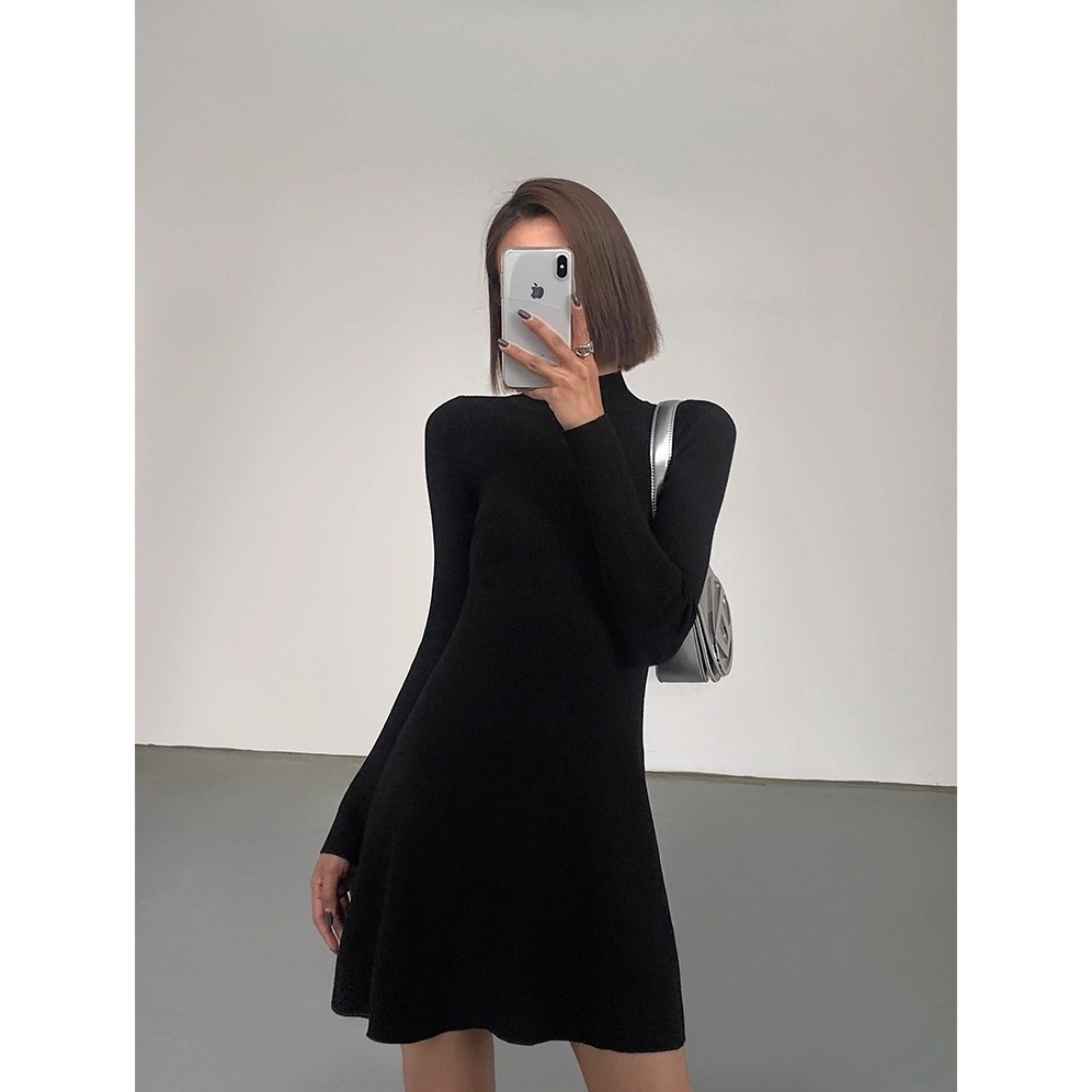 Váy thun ôm body đen ngắn cộc tay cổ cao 3p Đầm nữ tôn dáng cổ lọ tôn dáng basic đi chơi đi cafe T147G