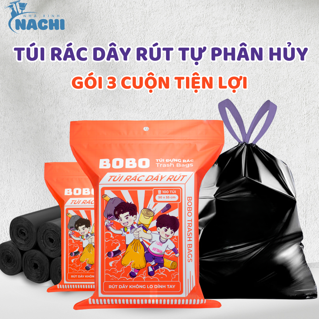 Túi Đựng Rác Có Dây Rút Tự Phân Hủy BOBO Túi Rác Đen Có Quai 10kg Dày ...