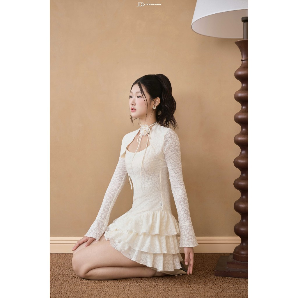 Đầm Chân Nhún Bèo Phối Áo Dài Tay 1F07.2509W. Đầm Ren Nữ Công Chúa Vintage, Đầm Dự Tiệc, Đầm Balletcore Dạo Phố Cao Cấp