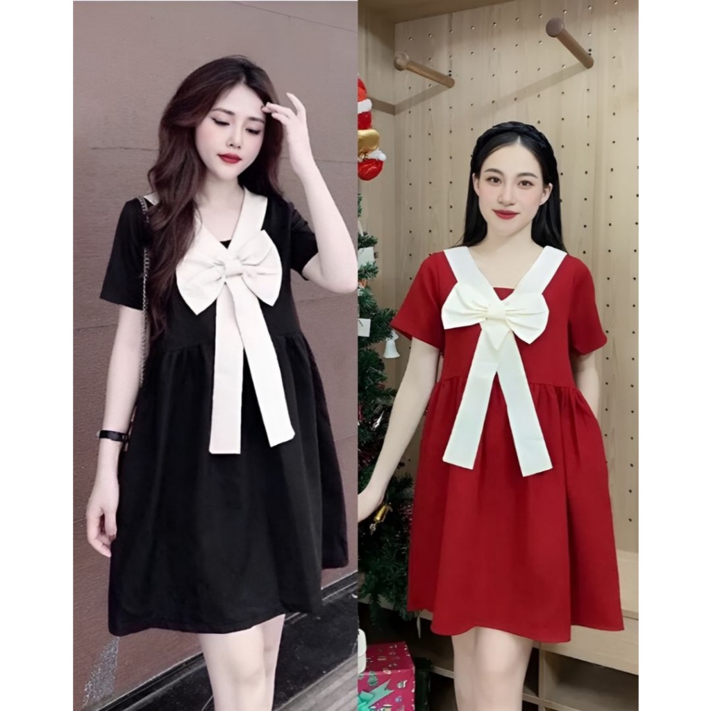 Váy babydoll nơ to cổ V form rộng đen chất lụa  Đầm bầu nữ cộc tay nơ ngực baby nữ sinh đi chơi ulzzang dễ thương T146G