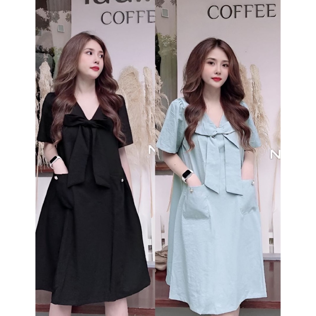 Váy babydoll nơ to cổ V form rộng đen chất lụa  Đầm bầu nữ cộc tay nơ ngực baby nữ sinh đi chơi ulzzang dễ thương T146G