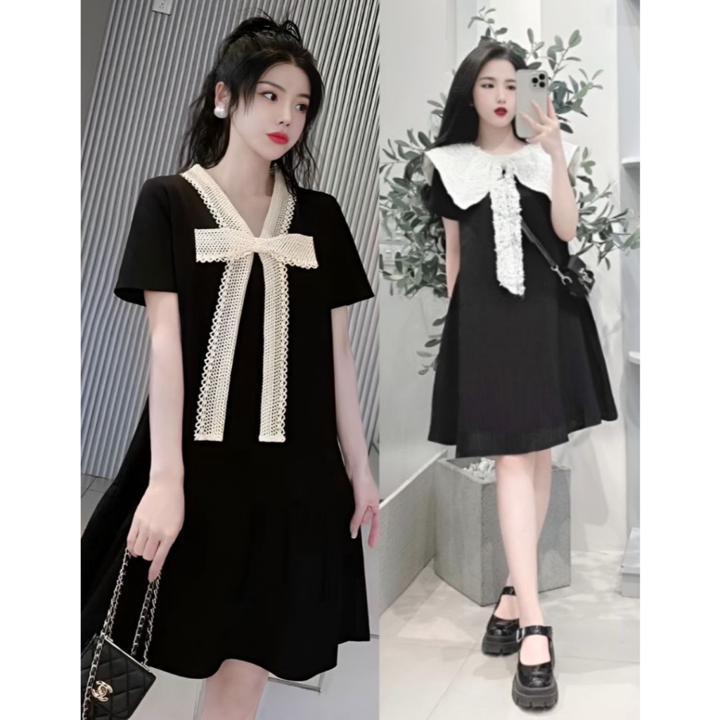 Váy babydoll nơ to cổ V form rộng đen chất lụa  Đầm bầu nữ cộc tay nơ ngực baby nữ sinh đi chơi ulzzang dễ thương T146G