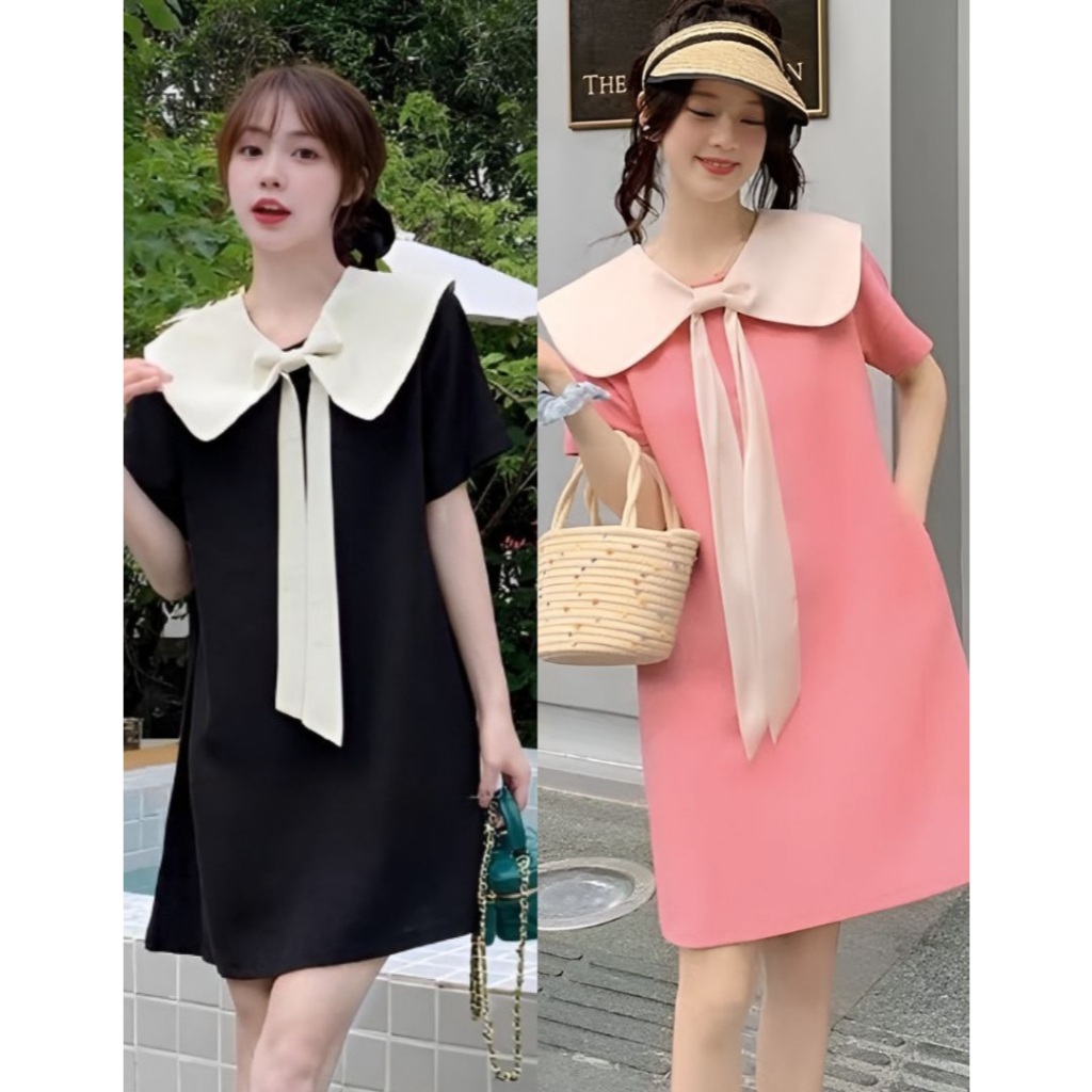 Váy babydoll nơ to cổ V form rộng đen chất lụa  Đầm bầu nữ cộc tay nơ ngực baby nữ sinh đi chơi ulzzang dễ thương T146G