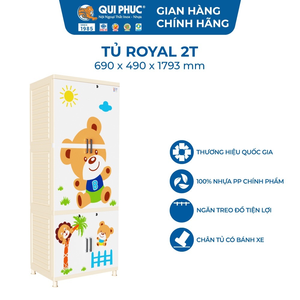 [FREESHIP] Tủ nhựa Royal 2 tầng QUI PHÚC, tủ treo quần áo rộng rãi, bền chắc, tiện lợi, nhựa an toàn sức khoẻ