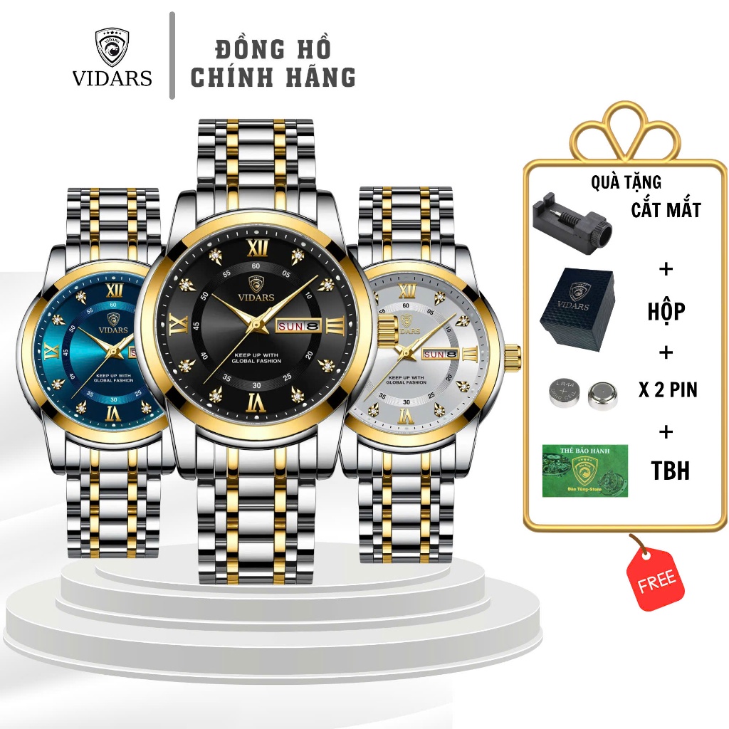 Đồng Hồ Nam VIDARS Hoàng Gia Mặt Trơn Viền Vàng Mặt Tròn Dây Thép Có Bộ Lịch Thứ Ngày Chống Nước 3ATM Size 41mm