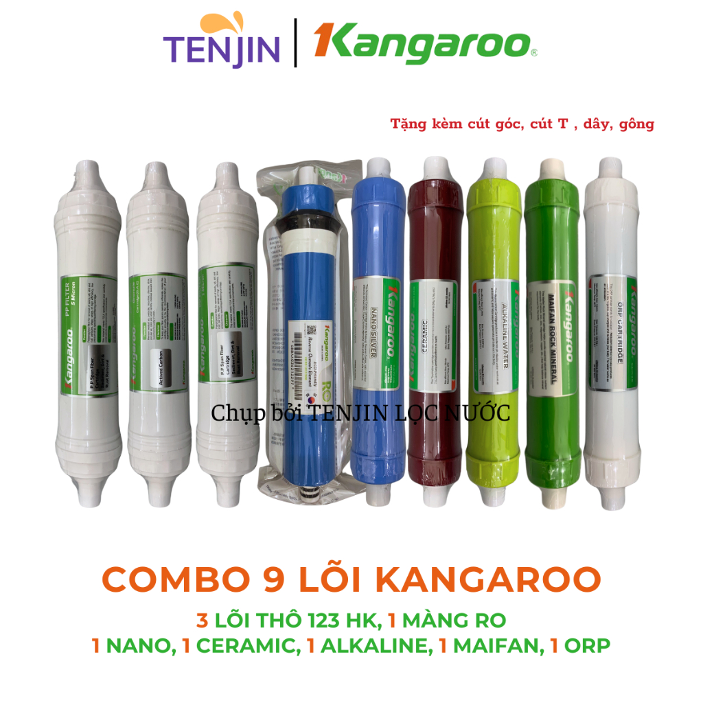 Combo 9 lõi lọc nước Kangaroo bao gồm lõi 123 HK + RO 50GDP + Nano Ceramic Alkalibe Maifan ORP  cho model máy KGRP88