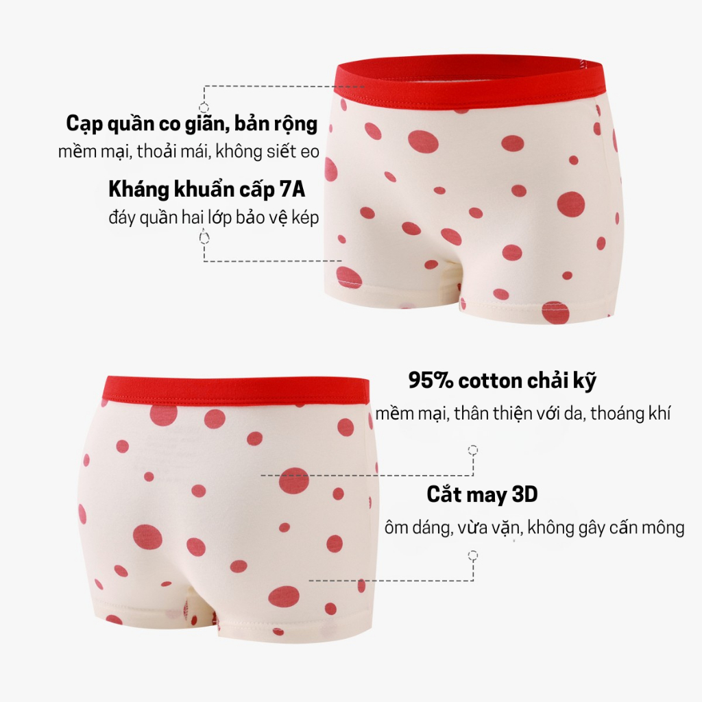 Set 4 Quần Lót Cho Bé Gái Loại A Chất Liệu Cotton Kháng Khuẩn Họa Tiết Màu Đỏ Dễ Thương Mềm Mại