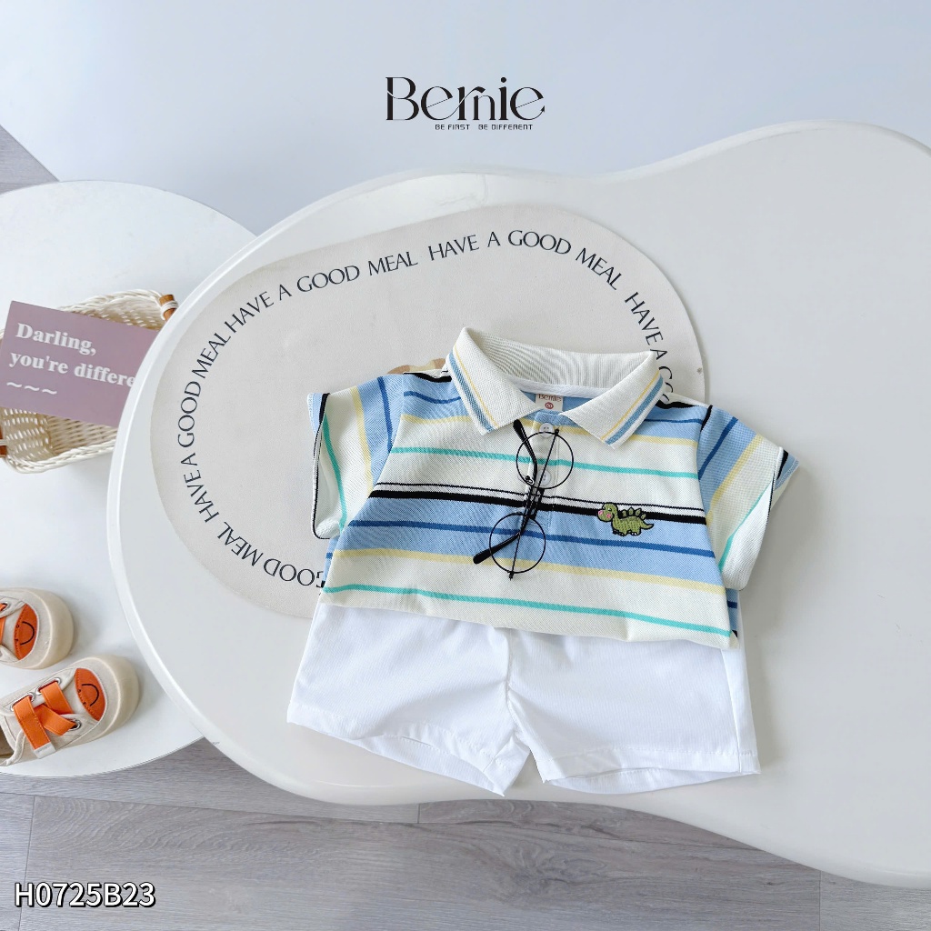 Bộ polo kẻ ngang thêu khủng long xanh, set polo cotton co dãn phối quần gió sành điệu H0725B23