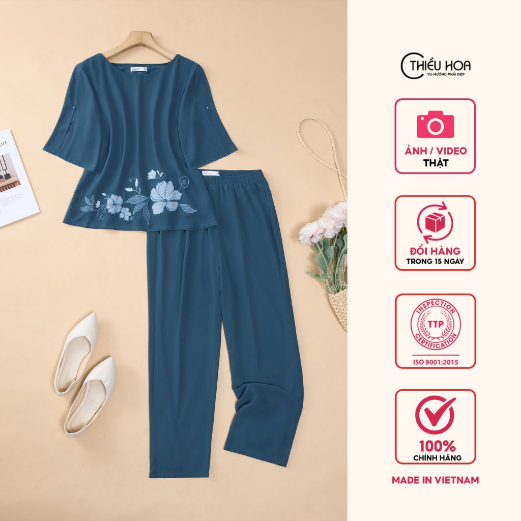 Đồ bộ trung niên chất liệu Chiffon mềm, rủ mỏng phù hợp mùa hè thương hiệu Thiều Hoa DB5X0507
