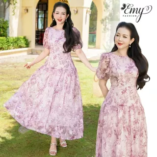 Đầm Hoa Thiết Kế EMY Thời Trang Cao Cấp EM2143 Vải Tơ Ép Hồng Sang Chảnh Đi Tiệc