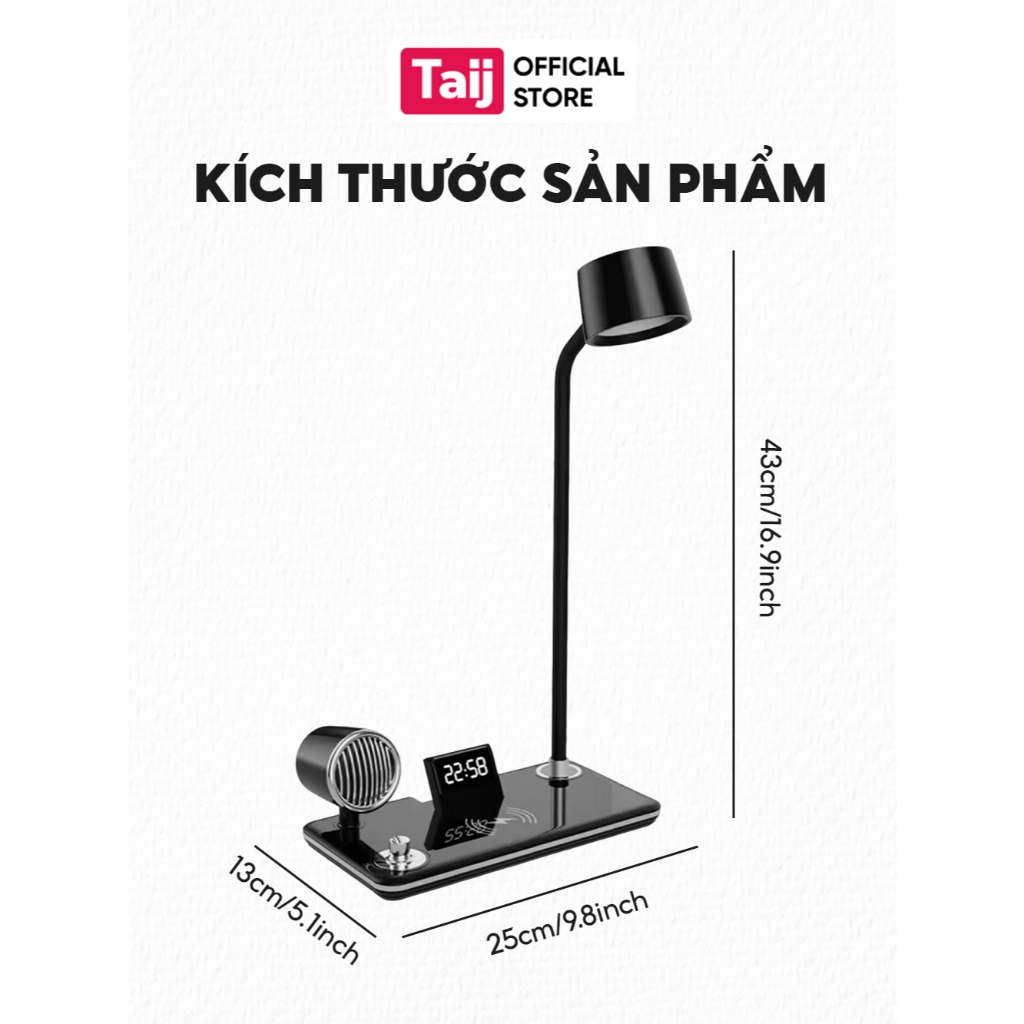 Đèn Học, Đèn Đọc Sách Thông Minh 4 Trong 1 Tích Hợp Đồng Hồ Led, Loa Bluetooth, Sạc Nhanh Không Dây
