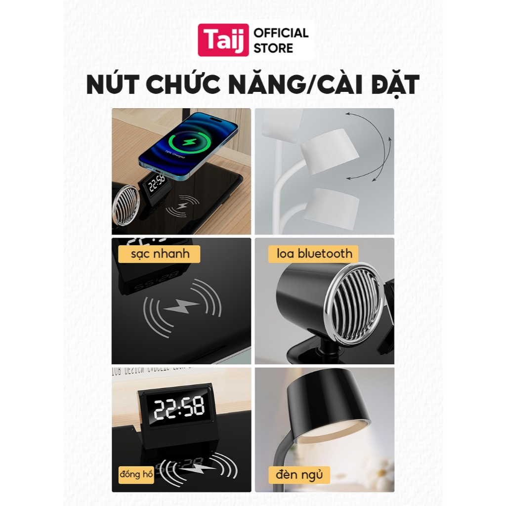 Đèn Học, Đèn Đọc Sách Thông Minh 4 Trong 1 Tích Hợp Đồng Hồ Led, Loa Bluetooth, Sạc Nhanh Không Dây