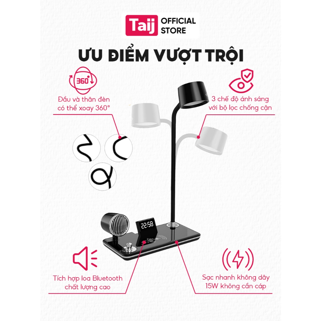 Đèn Học, Đèn Đọc Sách Thông Minh 4 Trong 1 Tích Hợp Đồng Hồ Led, Loa Bluetooth, Sạc Nhanh Không Dây