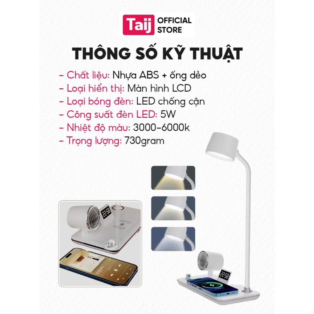 Đèn Học, Đèn Đọc Sách Thông Minh 4 Trong 1 Tích Hợp Đồng Hồ Led, Loa Bluetooth, Sạc Nhanh Không Dây