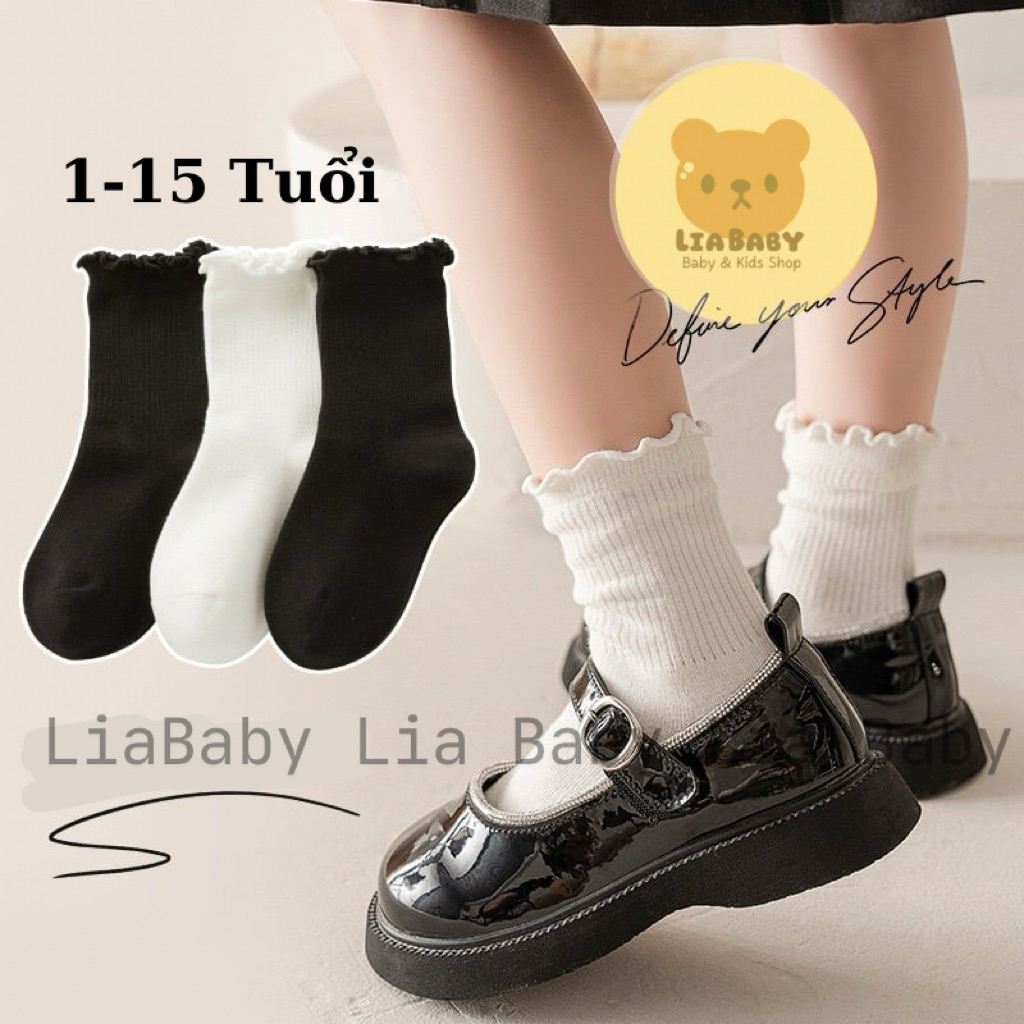 Tất len gân bèo trắng đen cho bé gái- vớ cổ cao bèo nhún công chúa cho trẻ em học sinh [BTD2]