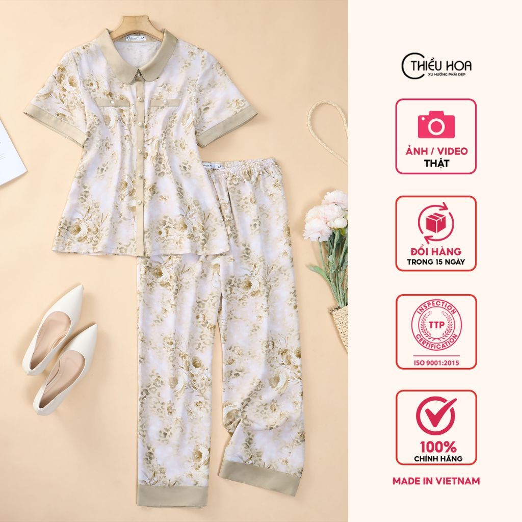 Đồ bộ trung niên chất liệu Lụa văn hoa với thiết kế co giãn mềm mại thương hiệu Thiều Hoa DB5X0506