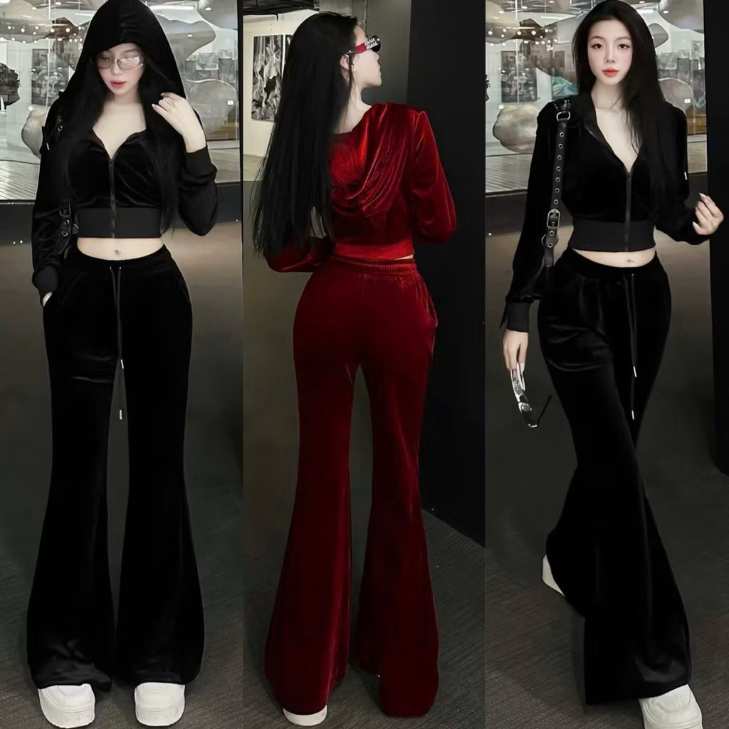 L34- sét bộ nhung cao cấp, sét nhung trơn croptop dây kéo có nón mix quần loe dáng dài (38-56kg) lưu ý không có dây kiểu
