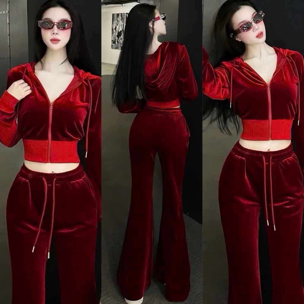 L34- sét bộ nhung cao cấp, sét nhung trơn croptop dây kéo có nón mix quần loe dáng dài (38-56kg) lưu ý không có dây kiểu