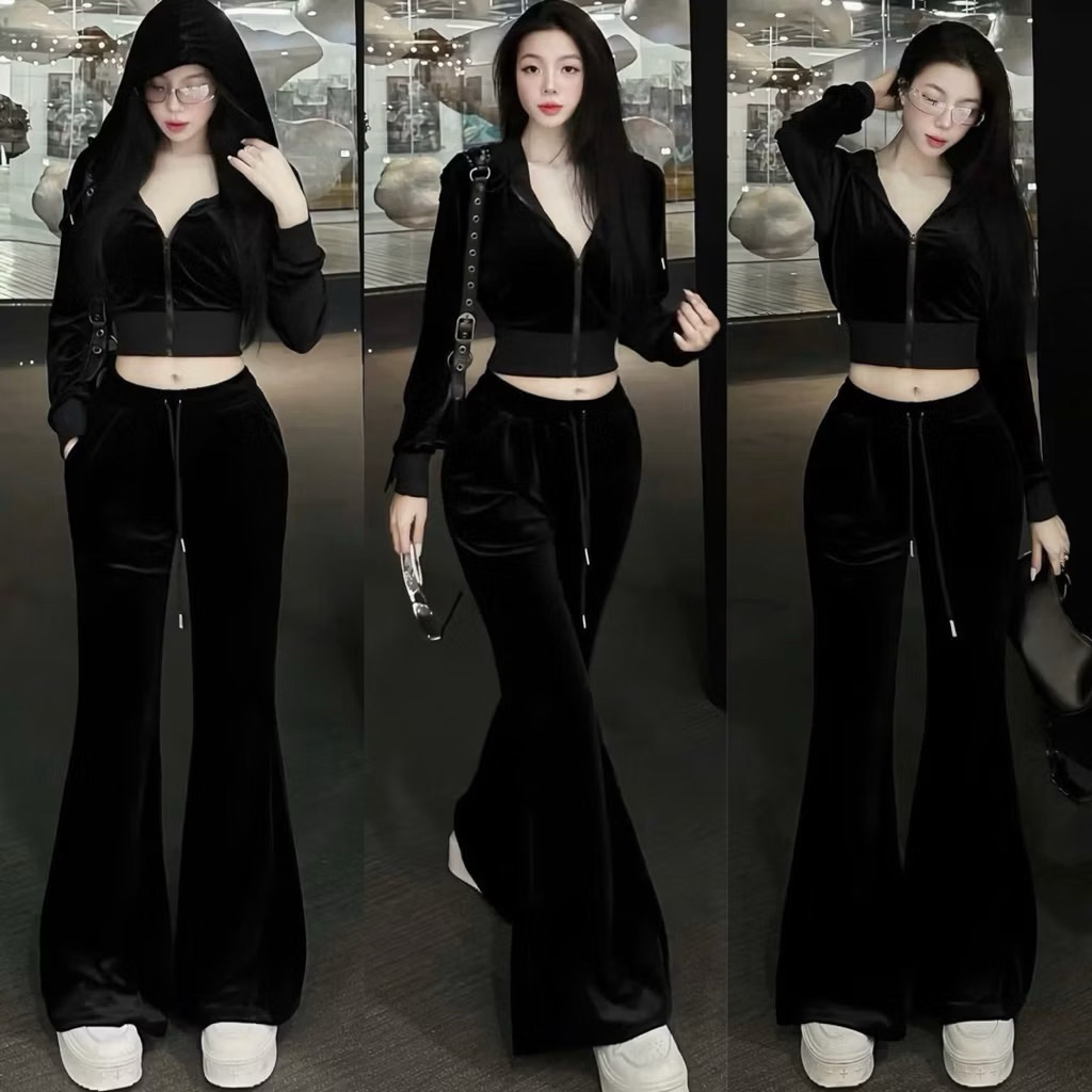 L34- sét bộ nhung cao cấp, sét nhung trơn croptop dây kéo có nón mix quần loe dáng dài (38-56kg) lưu ý không có dây kiểu