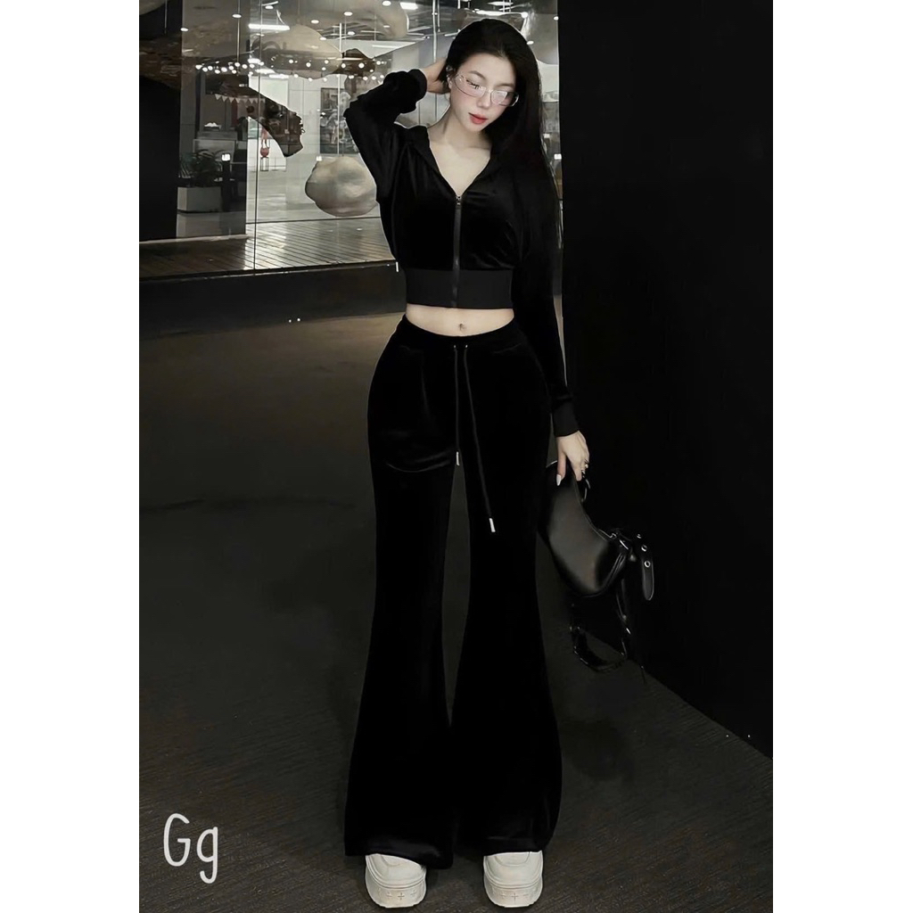 L34- sét bộ nhung cao cấp, sét nhung trơn croptop dây kéo có nón mix quần loe dáng dài (38-56kg) lưu ý không có dây kiểu