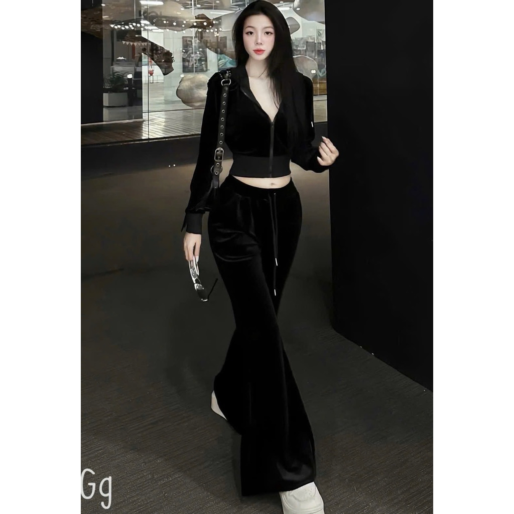 L34- sét bộ nhung cao cấp, sét nhung trơn croptop dây kéo có nón mix quần loe dáng dài (38-56kg) lưu ý không có dây kiểu