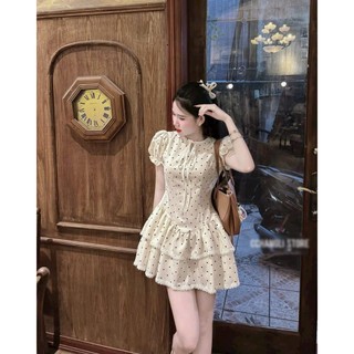Đầm thời trang nữ chất Mango in chấm bi tay ngắn cổ tròn thắt dây nơ váy mini dáng xoè 2 tầng viền sóng kèm quần rời