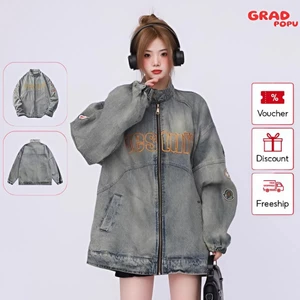 Áo khoác denim nữ GRADPOPU retro Hồng Kông dáng rộng cổ đứng tay dài cho teen phong cách PAK71