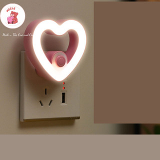( TẶNG SET 10 KHẨU TRANG) Đèn Ngủ Cắm Điện Mini Tim Hồng 2 chế độ, Công Tắc Đóng Mở, Tiết Kiệm Điện Năng, Trang Trí