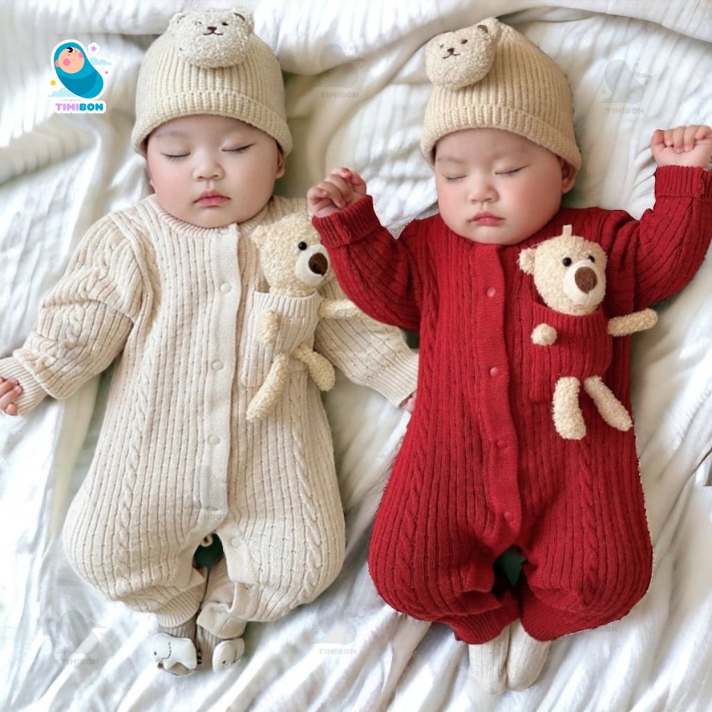 [ Tặng Kèm Gấu ] Body Dài Tay Chất Vải Len Bodysuit Cho Bé Trai Bé Gái Sơ Sinh Mặc Thu Đông Áo Liền Quần [BDD96]