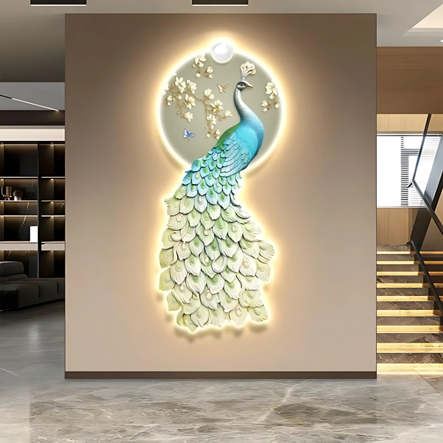 Tranh Cắt 3D LED Khổng Tước Hiện Đại Phong Thủy Phát Lộc Tráng Gương Cao Cấp - OHA Decor