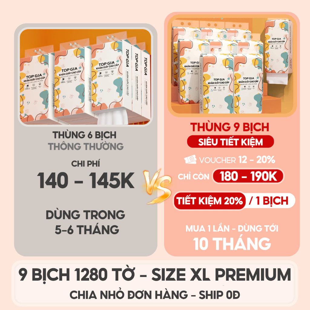 Giấy vệ sinh treo tường TopGia thùng 6 bịch đa sắc treo đa năng từ bột gỗ nguyên chất, 1280 tờ 4 lớp