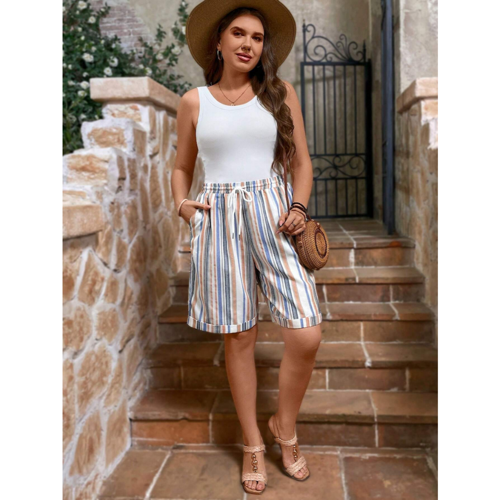 Quần Short Nữ Big Size Cạp Cao Mùa Hè Họa Tiết Phối Màu, Chất Cotton Mềm Mại Thoải Mái YN053