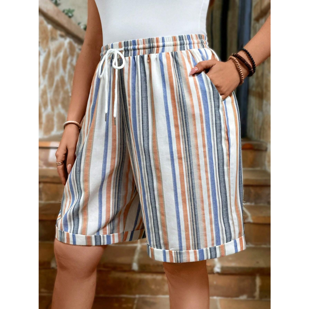 Quần Short Nữ Big Size Cạp Cao Mùa Hè Họa Tiết Phối Màu, Chất Cotton Mềm Mại Thoải Mái YN053
