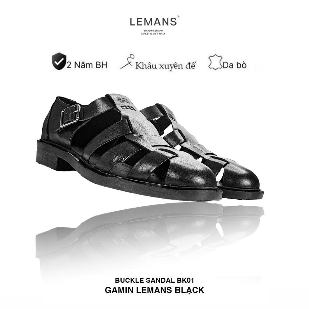 Dép Rọ nam da bò Lemans nam - Buckle Sandal BK01.3 - Black Leather - đế ...