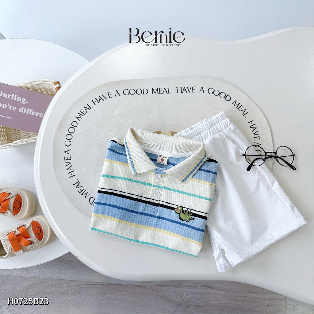 Bộ polo kẻ ngang thêu khủng long xanh, set polo cotton co dãn phối quần gió sành điệu H0725B23