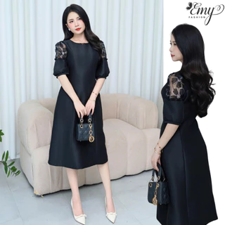 Đầm Đi Tiệc EMY EM9642 Thời Trang Thiết Kế Cao Cấp Vải Phi Thun Màu Đen Phối Ren